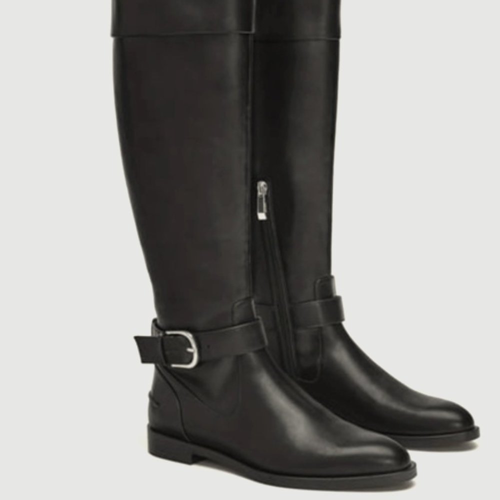 ZARA Black Zip Side Buckle Ridding Knee Boot
